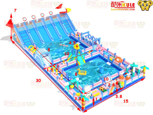 Gran parque de diversiones de agua inflable Obstáculos alrededor de dos grandes piscinas 15 * 30 * 7m