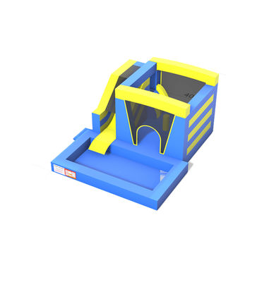 Casa de salto inflable azul amarillo con tobogán y piscina