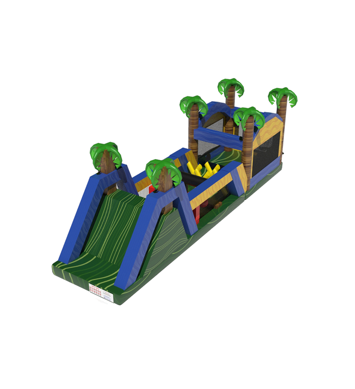 Parque Inflable Tropical: Una Divertida Pista de Obstáculos con Temática de Selva y Palmeras